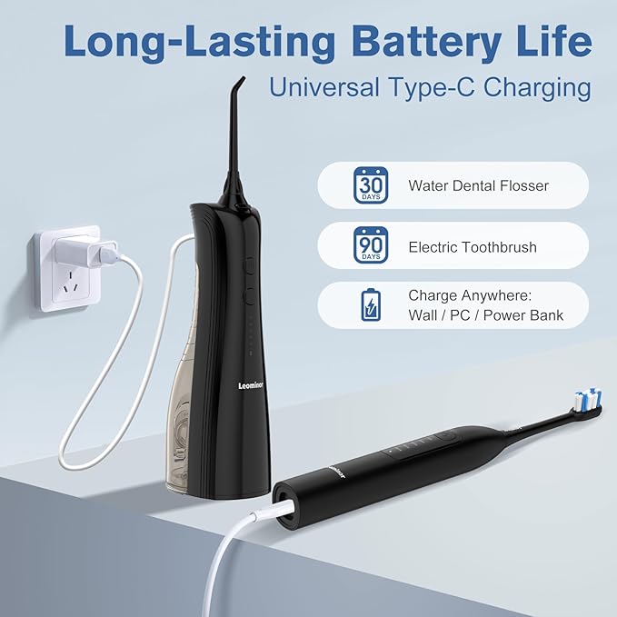 Leominor 3-in-1 Water Flosser &amp Electric Toothbrush Combo – Cordless Oral Irrigator with 235ml Large Tank5 Modes IPX7 WaterproofFreshening Stripsfor TeethGumsBracesHome &amp TravelBlack