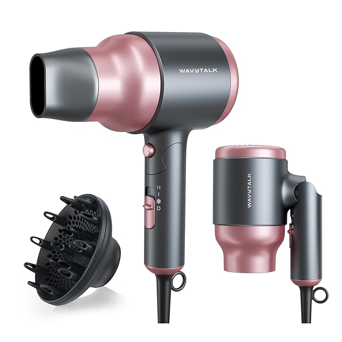 Wavytalk Portable Hair Dryer with Diffuser Foldable Mini Hair Dryer with Lightweight Design 1600W Small Hair Blow Dryer with Diffuser for Curly Hair Fast Drying Rose Pink