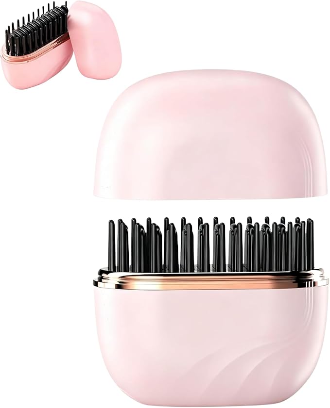 Mini Straightener Brush – Portable Hair Straightener Brush Fast Heating Mini Hair Straightener with 3-Speed Temperature Control &amp Anti-Scald Shell Compact Travel Hair Styling Comb (Pink)