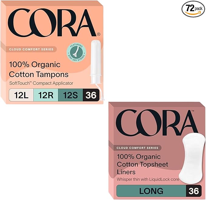 Cora Organic Feminine Care | Applicator Tampon Multipack and Organic Long No Wings Liners | Eco-Conscious | 72 Total | Bundle Pack