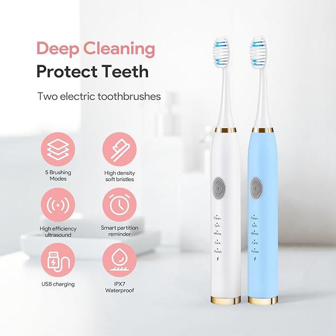 Dnil 2-Pack Adult Electric toothbrushes for Oral Care Rechargeable Sonic Toothbrush Set 35000 VPM 10 Replaceable Brush Heads 5 Modes (White &amp Blue)