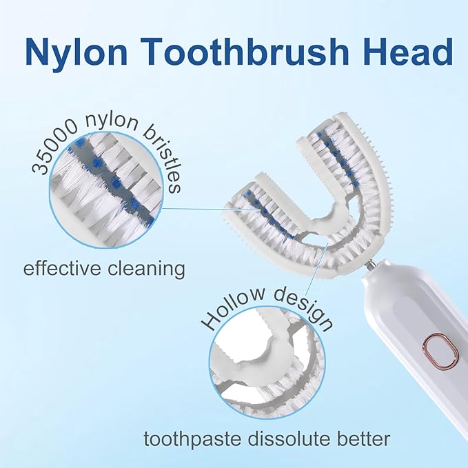Ultrasonic U-Shaped Toothbrush for Adults Electric Toothbrush has 23760 Nylon BristlesAutomatic 360-degree Cleaning and Waterproof IPX7 4 Modes for Teeth Whitening (White)