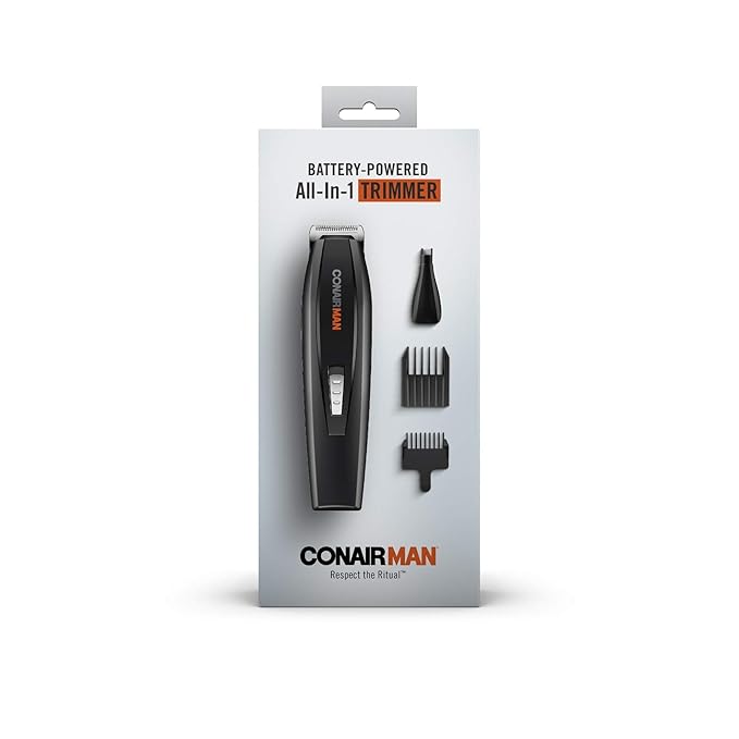 ConairMAN All-in-One Beard Trimmer for Men Includes Nose and Ear Hair Trimmer with 5-Position Comb Attachment 4 piece Men's Grooming Kit Battery Operated