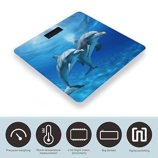 Dolphins in The Ocean Scale for Body Weight High Precision Digital Weight Scales with LCD Display Anti-Slip Sturdy Slim Tempered Glass Bathroom Scale for Home Use