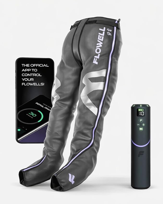 Flowell Air Pressure Therapy System – FDA Cleared (K233238) Sport Mobile Compression Pants – App-Controlled 4-Chamber Leg Compression Sleeves for Post-Workout Recovery &amp Circulatory Support