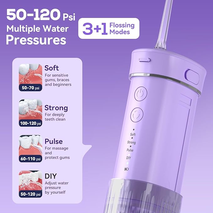 JTF Portable Water Flosser for Travel: Compact Mini Design 3 Modes &amp 8 DIY Pressure Levels for Sensitive Teeth &amp Braces - with 5 Nozzles &amp Removable 230ml Tank Cordless Oral Irrigator fo