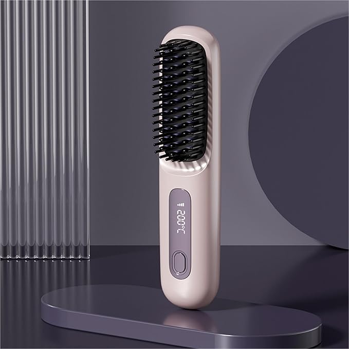 Cordless Hair Straightener Brush with LCD Temper Ature Display Rechargeable Heating 3 Adjustable Temperature Settings Portable Hair Straightener(Pink)