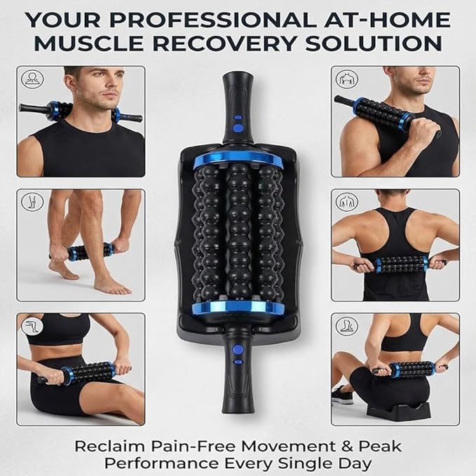 Electric Rolling Percussion Massager with Hands-Free Base Deep Tissue Fascia and Rechargeable Muscle Roller Stick for Exercise Recovery and Full Body Muscle Relaxation (Rose Gold)