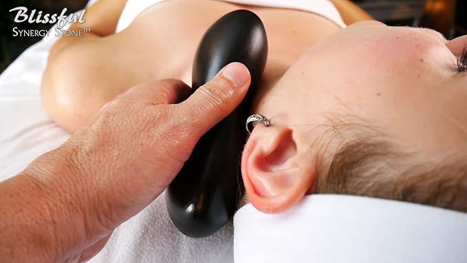 Blissful (Basalt Black)(Single) Synergy Stone - Contoured Hot Stone Massage Tool with Radiant Heat - Relaxing and Therapeutic for Neck Back Legs Feet - Matte Surface for on Skin with Oil only