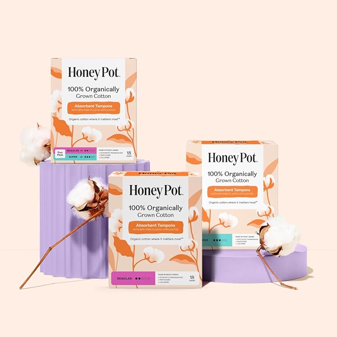 The Honey Pot Company - Super Absorbency - 100% Organic Cotton Core Tampons w/Bio Plastic Applicator - Feminine Care – Unscented - 54 Count (3 Packs of 18)
