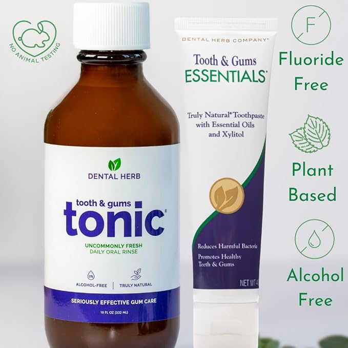 Healthy Gums Starter Kit – Tooth &amp Gums Tonic (18 oz) + Essentials Toothpaste | Fluoride-Free Alcohol-Free Vegan Plant-Powered Oral Care by Dental Herb Company