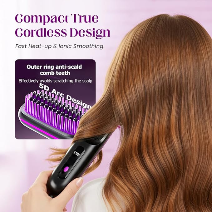 Portable Mini Hair Straightening Brush with Led Display Cordless Hair Straightener Brush Fast Heating Cordless Mini Hair Brushs for Women Short Long Hair (Pink)