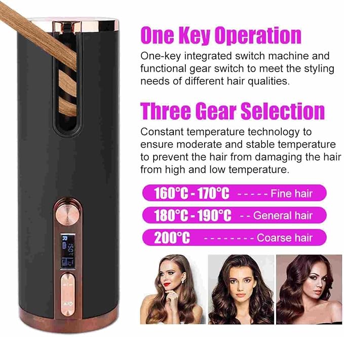 Automatic Curling Iron Hair Curling Iron for Hair Styling Cordless Auto Hair Curler with 6 Temps and Timers Auto Shut-Off Fast Heating Rechargeable Cordless Hair Curler (Black)