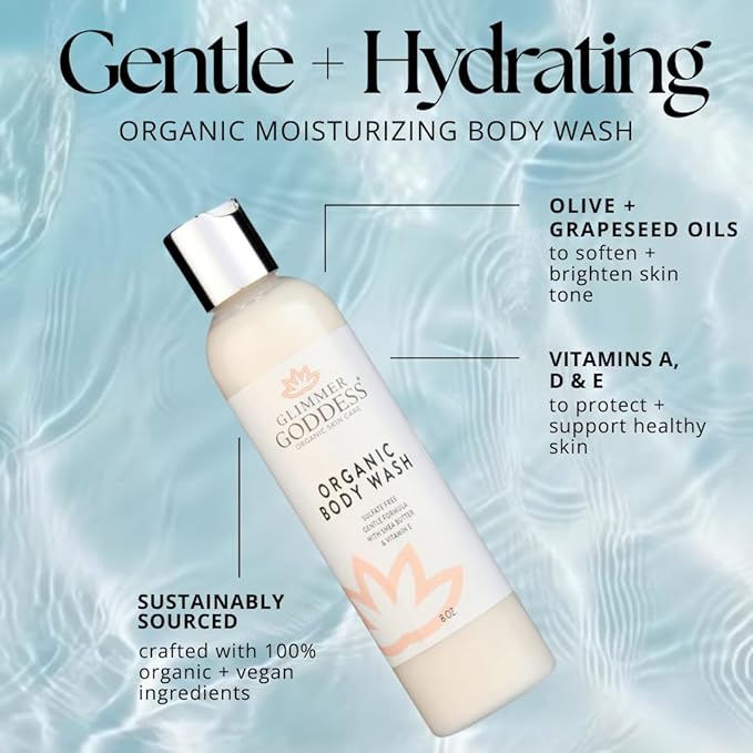 GLIMMER GODDESS Organic Moisturizing Body Wash Organic Vegan Gentle for Face Body Hair with Shea Butter and Coconut Oil Sensitive Skin - Honeysuckle 8 oz.