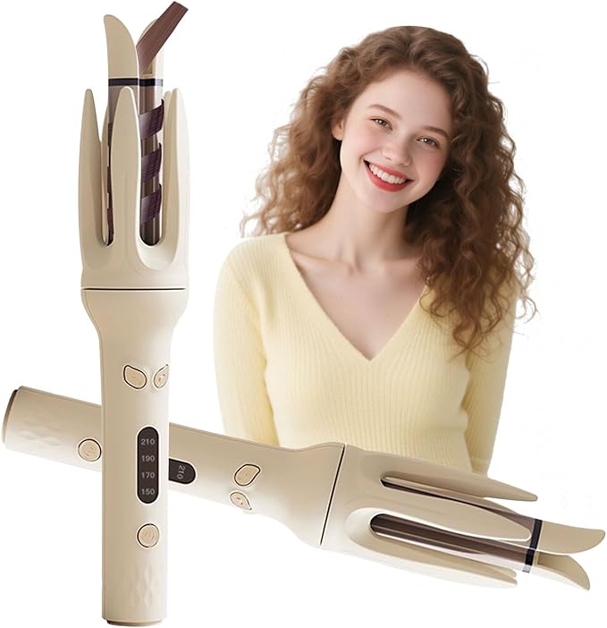 Automatic Curling Iron Rotating Curling Iron with 4 Temps &amp Display Screen 40S Fast Heating Hair Curlings Wand Anti-Tangle Anti-Scald Wave Curling Irons Ceramic Hair Curler for Women (Yellow)