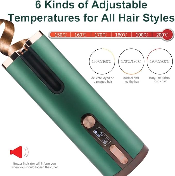 Automatic Curling Iron Hair Curling Iron for Hair Styling Cordless Auto Hair Curler with 6 Temps and Timers Auto Shut-Off Fast Heating Rechargeable Cordless Hair Curler (Black)