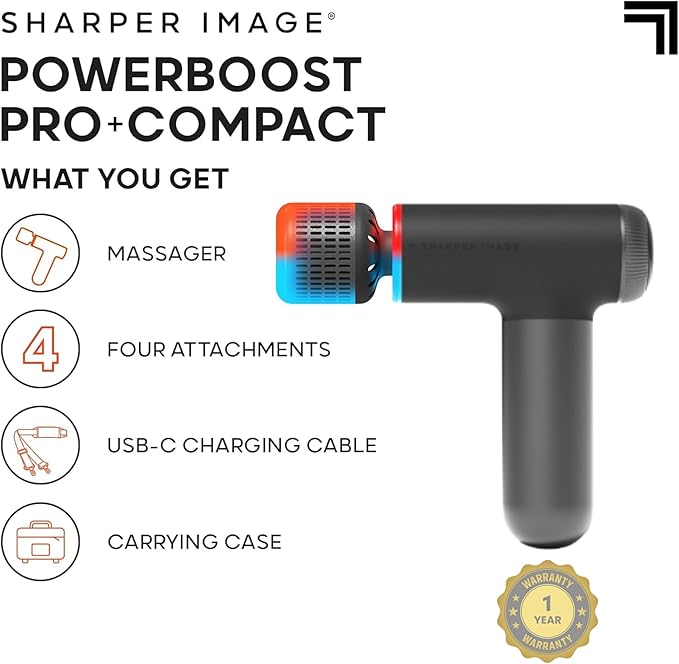 Sharper Image® Powerboost® Pro+ Hot &amp Cold Compact Deep Tissue Massage Gun - 6 Speed 4 Attachments Travel Case| Soothing Heat &amp Cold Therapy| Portable Lightweight Full Body Shoulder &amp Ba