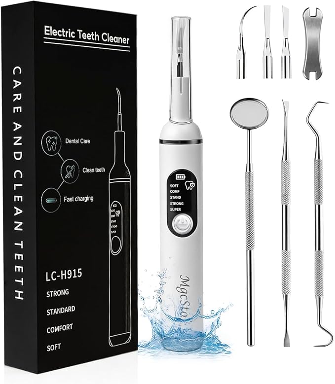 Ultimate Electric Teeth Cleaner - Ultrasonic Tooth Cleaning Violet Light Protection 316F Stainless Steel Heads 5-Speed Modes IPX6 Waterproof Oral Care Kit with 11 Accessories‌ (White)