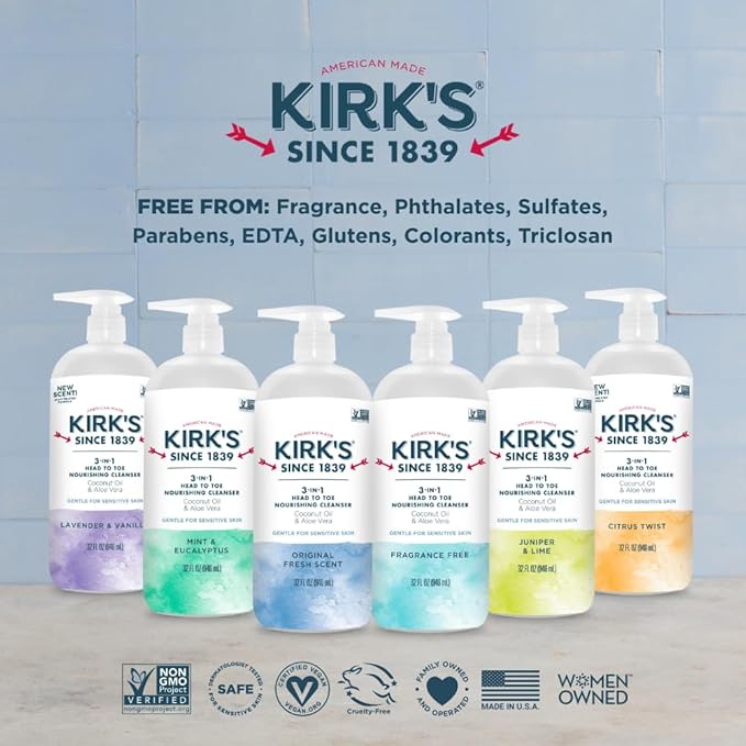 Kirk's 3-in-1 Head to Toe Nourishing Liquid Cleanser- for Men Women &amp Children - Premium Coconut Oil &amp Aloe Vera- Non GMO &amp Vegan -Original Fresh Scent - 32 Fl Oz