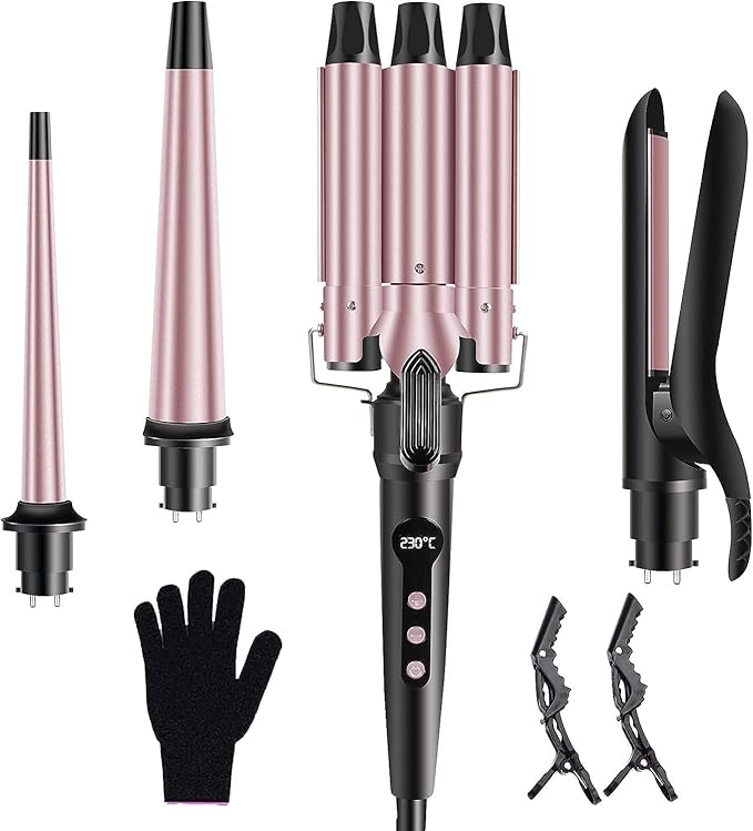 4 in 1 Curling Iron Wand Set 1inch Curling Iron 3 Barrel Hair Waver with 2 Ceramic Tourmaline Barrels 0.35-1.2inch and Hair Straightener LCD Temp Control Instant Heat Up Include Glove &amp 2 Hair