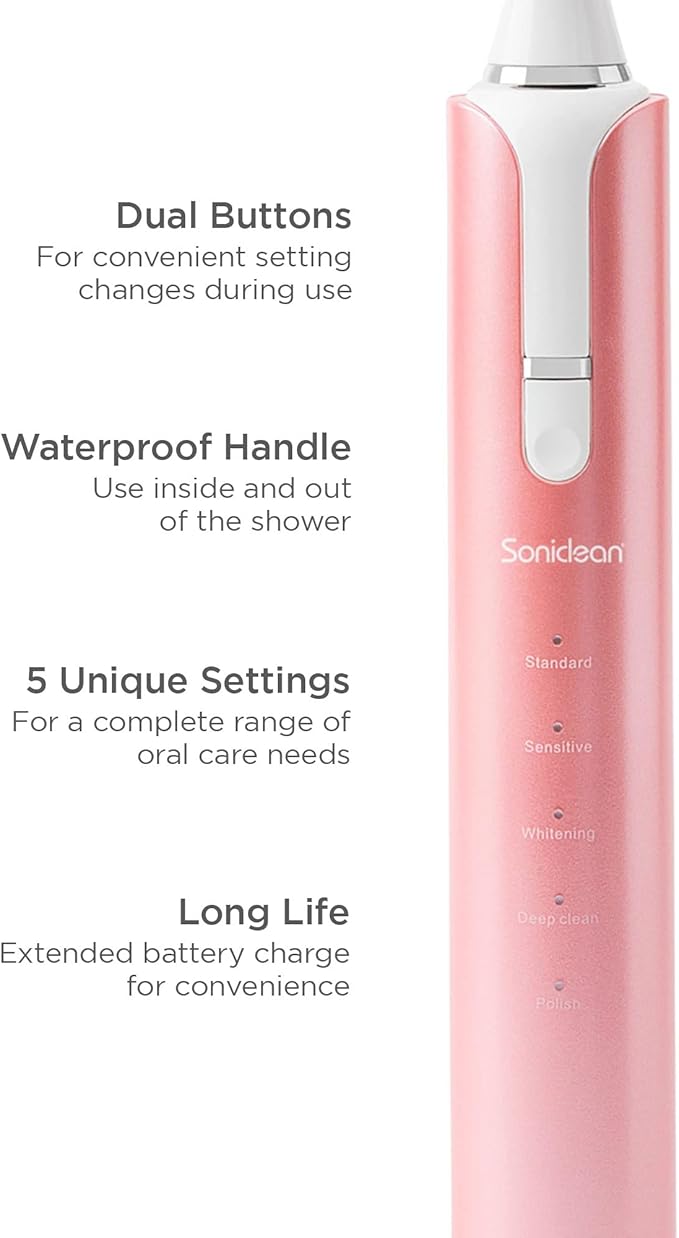 Soniclean Lux Sonic Toothbrush for Adults with 6 Toothbrush Heads Rechargeable Automatic Sonic with Refills Rose Gold