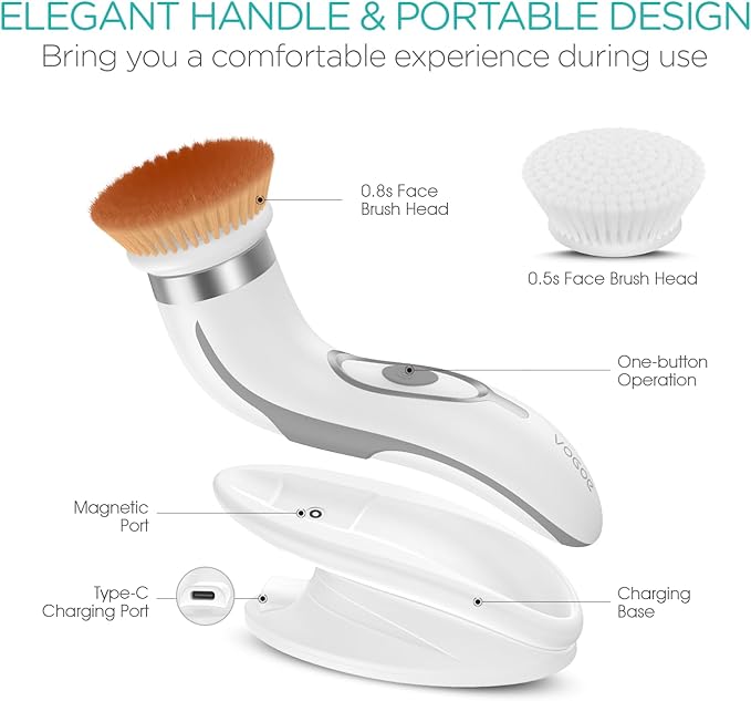 Facial Cleansing Brush-Spin Face Scrubber Exfoliator Rechargeable 2-Speed Rotation Electric Face Wash Brushes for Cleansing and Exfoliating with 2 Brush Heads Grey