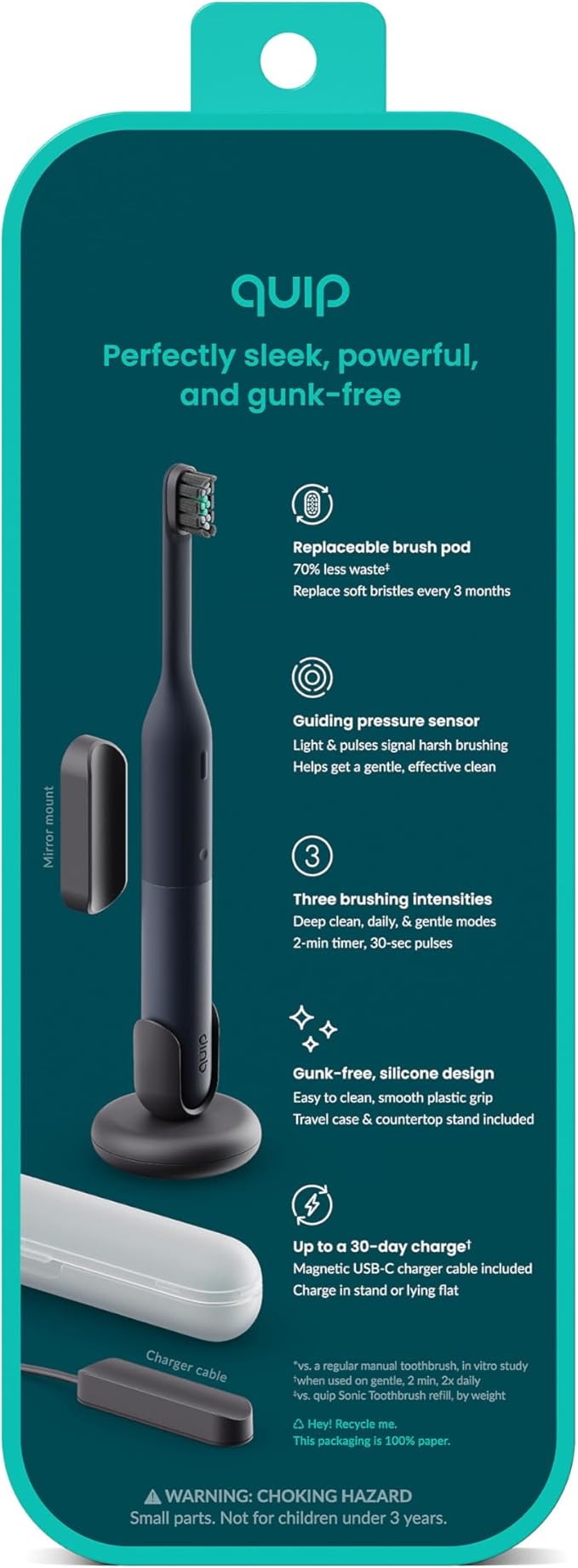Quip Ultra Lite Sonic Electric Toothbrush Slim Lightweight Design 3 Brushing Modes 15X More Plaque Removal Pressure Sensor &amp 30-Day Battery Ash