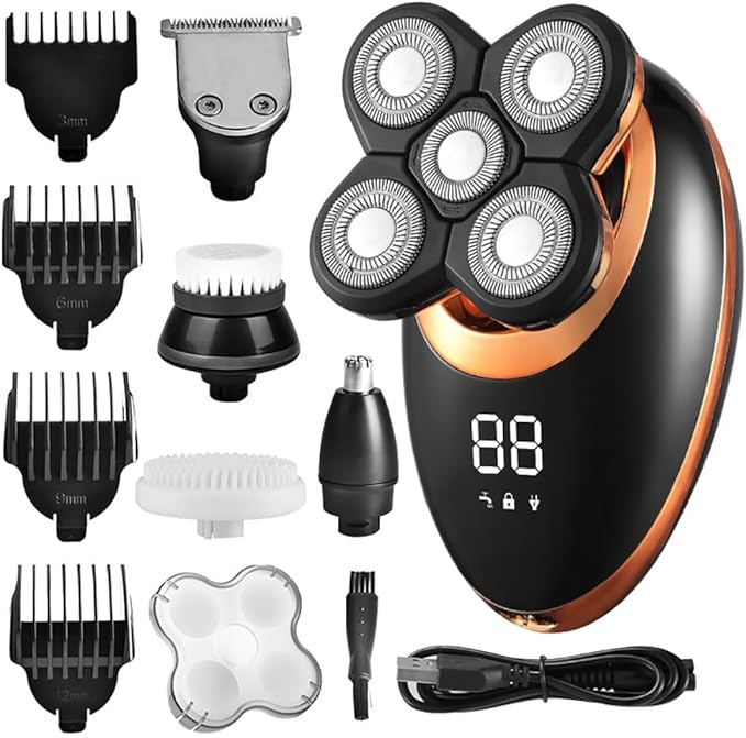 Head Shaver for Men 5 in 1 Professional Electric Shaver USB Rechargeable Washable Men's Five Floating Heads Razors Hair Clipper Nose Ear Hair Trimmer (Color : Golden)