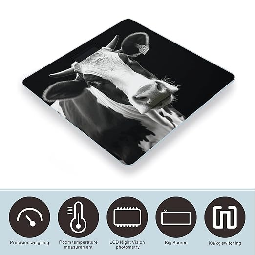 Animal Funny Cow Head Black White Bathroom Scale Automatic Power On/Off Body Scales LCD Backlight Display Square Digital Scale Rounded Corners Bathroom Scales for Home Bedrooms