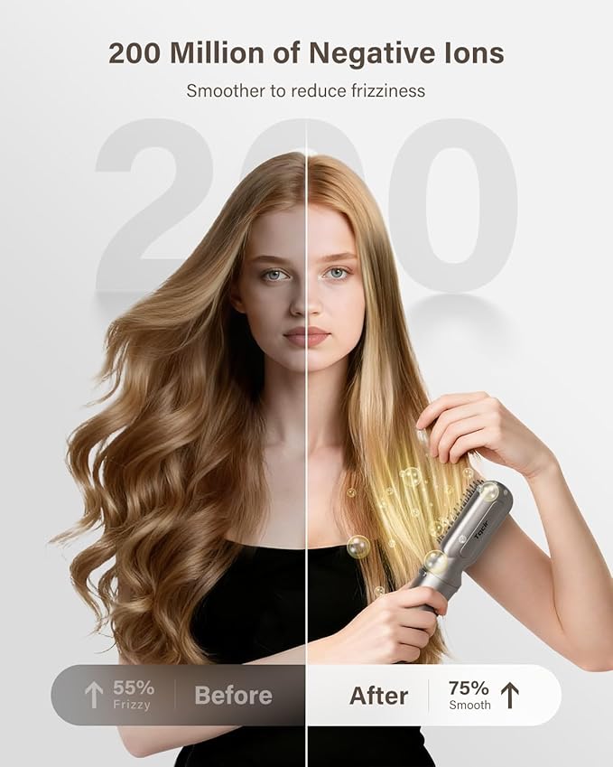 Cordless Hair Straightener Brush 2 in 1 Curling &amp Straightening Brush with 200 Million Negative Ions Mini Travel Hot Straightener Comb for Women Fast Heating &amp Dual Voltage