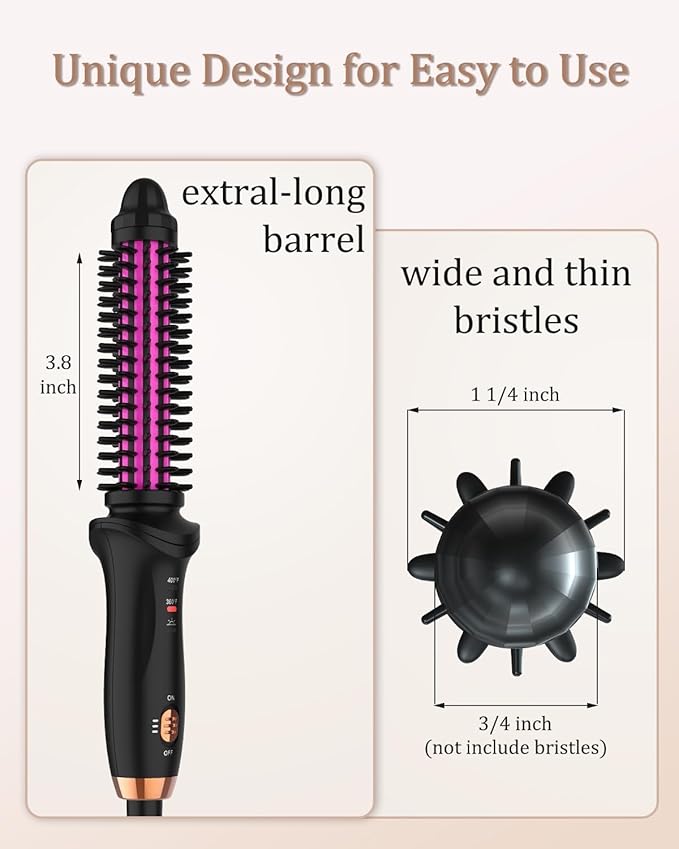 Curling Iron Brush for Short Long Hair Hair Curling Brush Long Barrel Tourmaline Ceramic Dual Voltage Curling Brush Iron with Anti-Scald Bristles (Black)
