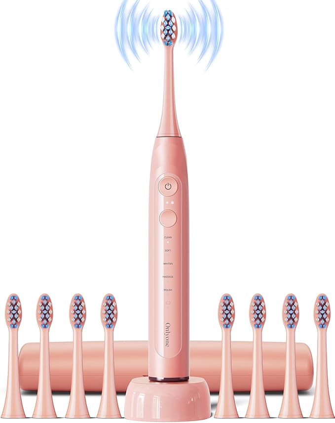 Onlyone Sonic Electric Toothbrush for Adults Rechargeable Ultrasonic Electric Toothbrush with 8 Brush Heads Travel Case Charging Base &amp Wireless Charging - 5 Modes with Smart Timer