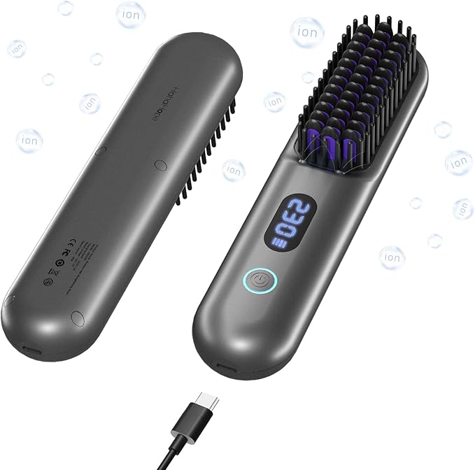 Cordless Hair Straightener Brush-Portable Straightening Comb 9600mAh Batt Plasma Tech 9 Temp-Settings &amp LED Display for Travel &amp Home (Metallic Grey)