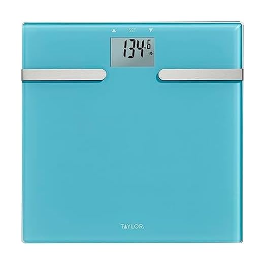 Taylor Glass Body Composition Digital Bathroom Scale BIA Technology Estimates Body Fat Muscle Mass and Body Water 400 lb Capacity User Recognition for 4 Users Calming Blue