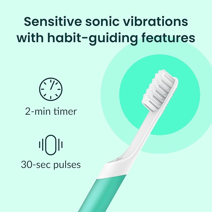 Quip Sonic Electric Toothbrush for Adults - Time Travel &amp Soft Bristles with Travel Case &amp Replacement Brush Head - 3 Month Battery Life Plastic Handle - Green