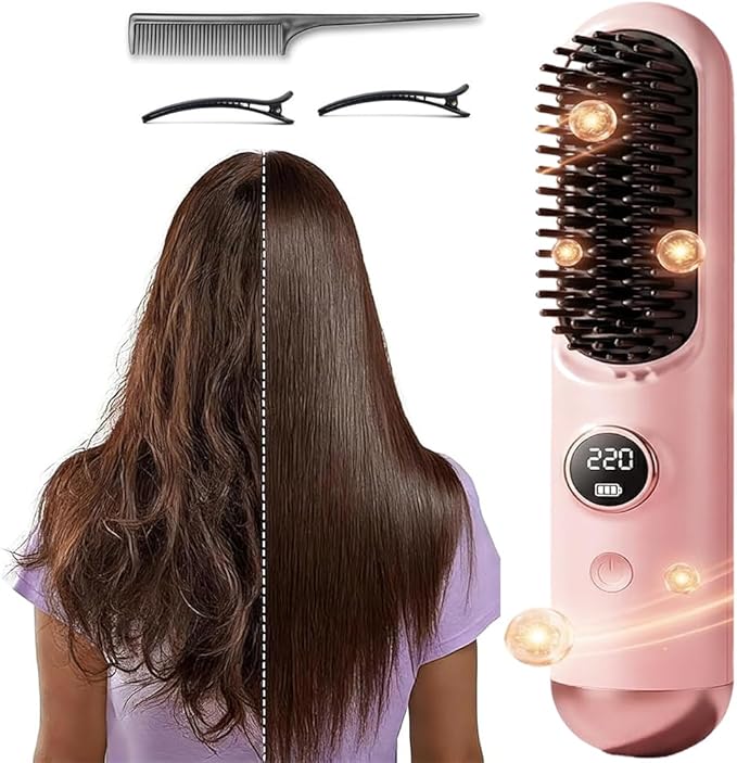 2026 Go Brush Pro Cordless Hair Straightener Brush Mini Portable Travel Styling Comb with 9 Temps Fast Heating &amp USB Rechargeable Ideal for Short Hair &amp All Hair Types