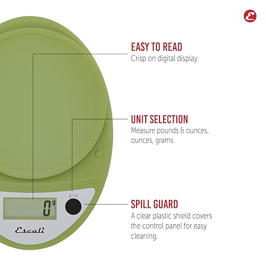 Escali Primo Digital Food Scale Multi-Functional Kitchen Scale and Baking Scale for Precise Weight Measuring and Portion Control 8.5 x 6 x 1.5 inches Tarragon Green