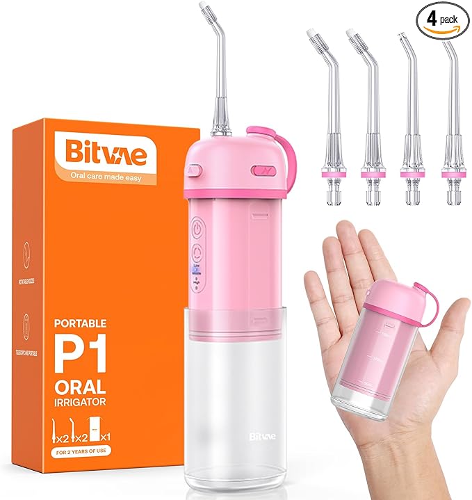 Bitvae P1 Water Flosser for Teeth Portable Mini Water Flosser Cordless Water Teeth Cleaner Picks with Telescopic Water Tank Type-C Rechargeable Oral Irrigator for Travel &amp Home (Pink)