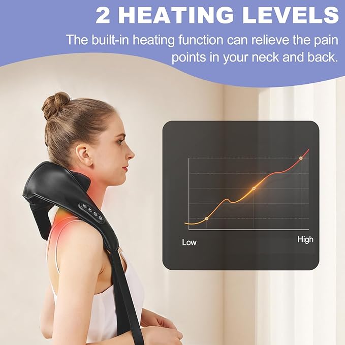 Cordless Neck and Shoulder Massager with Heat Electric Deep Tissue Kneading for Back Pain Hands-Free Shiatsu Massage Pillow Portable for Home Office Travel