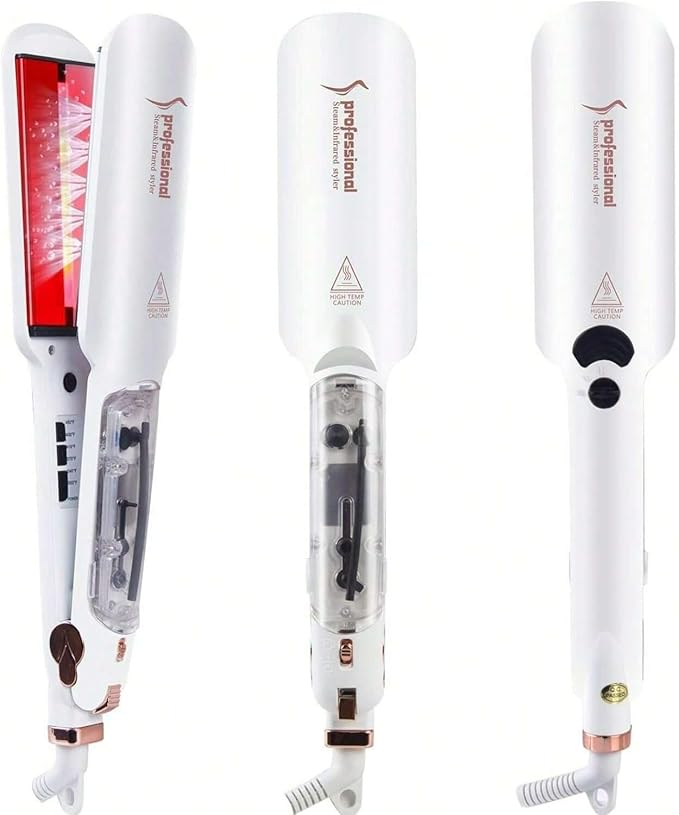 Professional Steam Hair Straightener 2-Inch Infrared Ceramic Flat Iron Adjustable Temperature 300-450°F White