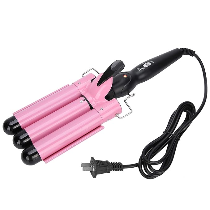 3 Barrel Hair Waver Adjustable Temperature Hair Crimper Heats up Quickly Crimping Iron for Hair Compatiable for All Hairstyles(US-pink28mm)