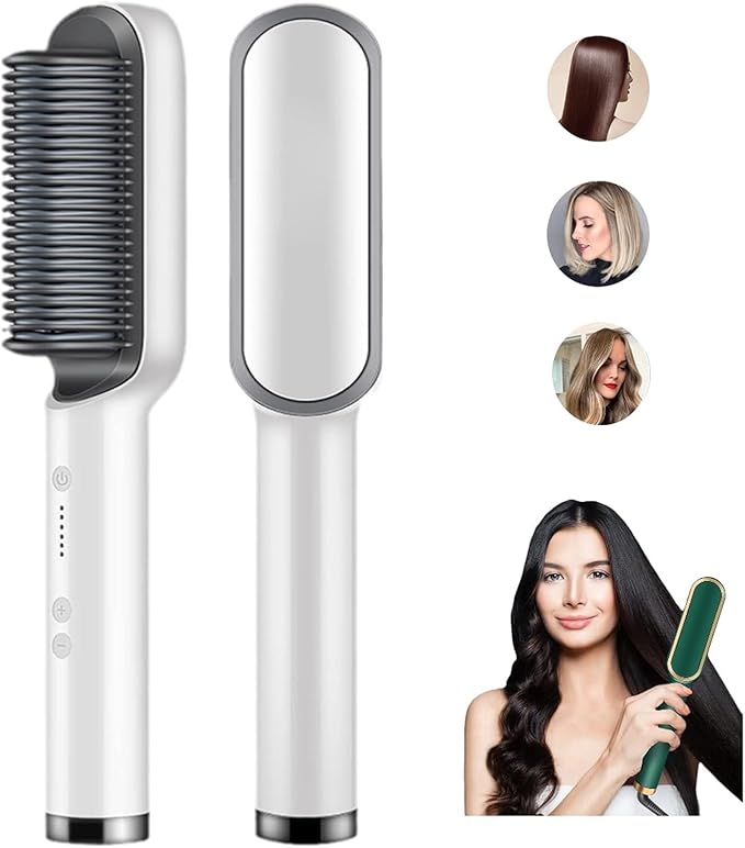 2025 New Negative Ion Hairs Straightener Styling Comb with 5 Temp 2 in 1 Hair Straightener Brush and Curler Portable Electric Straightening Comb Heated Hair Brush 10s Fast Heating Anti-Scald White