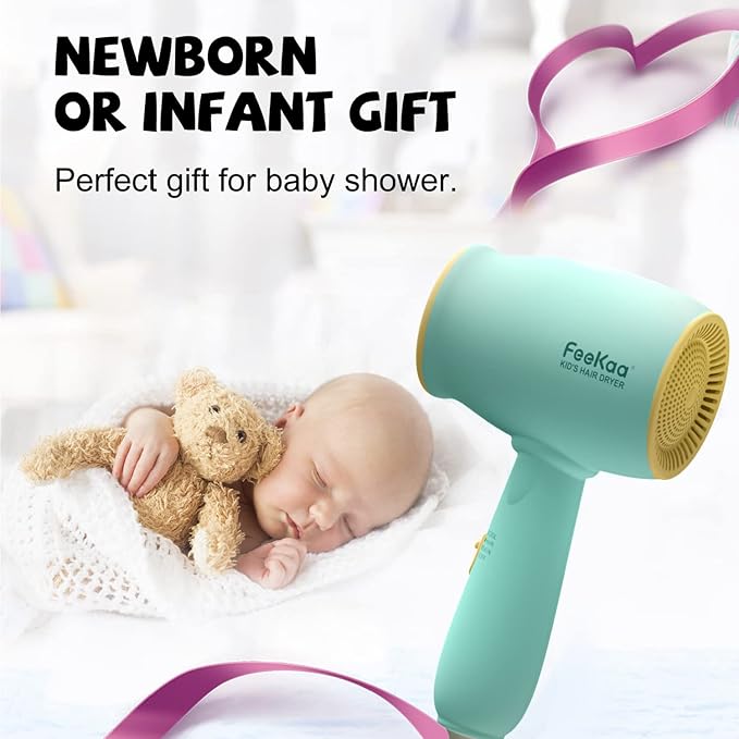 Feekaa Kids Hair Dryer Low Noise Gentle Heat for Kids Skin Gift for Children's Birthday Christmas Yellow-Green