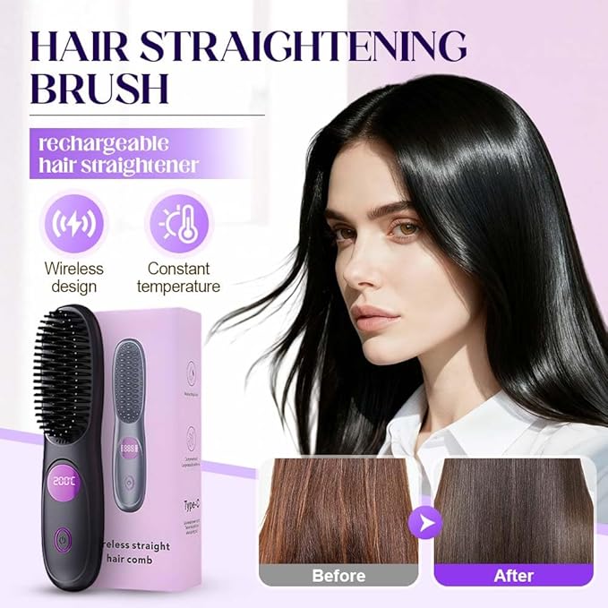 2026 New Go Brush Pro Cordless Hair Straightener Brush Portable Mini Hair Straightening Brush with LED Display USB Rechargeable Cordless Straightening Irons Comb for Women Short Long Hair (Black)