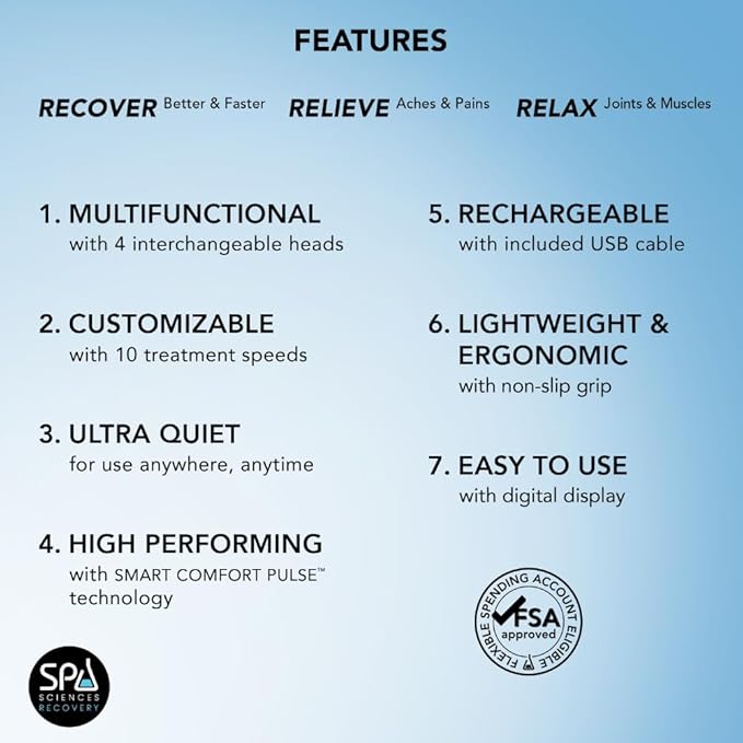 SPA SCIENCES - SmartGun Elite – Therapeutic Deep Tissue Percussion Massager – for Muscle Soreness - with Interchangeable Heads 10 Intensity Levels and Smart Comfort Pulse – USB Rechargeable