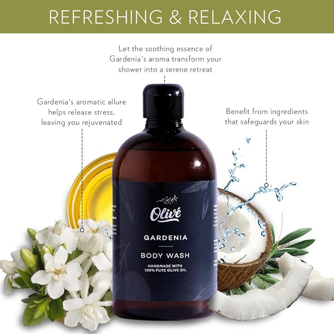 100% Pure Olive Oil Body Wash with Gardenia Scent – Made with Natural Ingredients | Gentle Cleansing &amp Hydrating Shower Gel for Soft Smooth Healthy-Looking Skin | 500ml Bottle