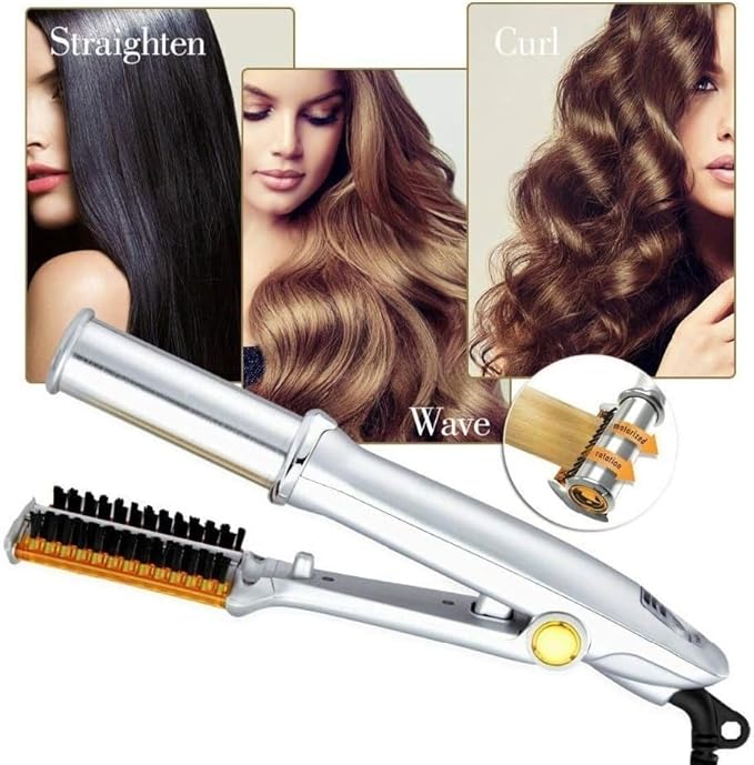 Professional Hair Straightening Hair Tools Styling Comb Iron Curling Iron Straightener&ampCurler Styler 2 in 1 Multi Hair Styling Tool Flat Iron with Brush for All Hair Types