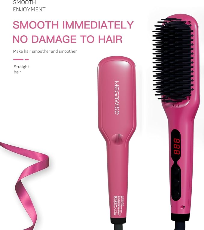 MEGAWISE Pro Ceramic Ionic Hair Straightener Brush Universal Dual Voltage Rotatable Power Cord MCH Fast 20s Heating Tech Anti-Scald Auto-Off Safety Home Salon (Rose Red)
