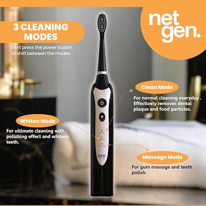 Sonic Electric Toothbrush for Adults with 5 Toothbrush Replacement Heads 3 Brushing Modes &amp 2 Minutes Built-in Timer Travel Toothbrushes with Inductive Charging Rechargeable toothbrush | Black