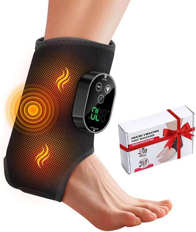 Ankle Massager3-in-1 Wearable Hot &amp Vibration Massager for Feet Ankles and Arms | Reusable Heating Pad Brace for Home Recovery (Black)